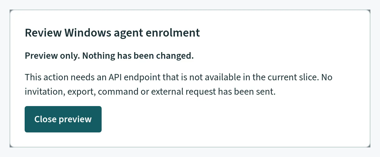 Review Windows agent enrolment. Console screen showing Sample data.