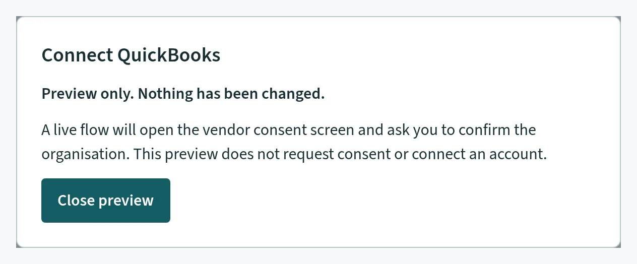 Connect QuickBooks button. Console screen showing Sample data.