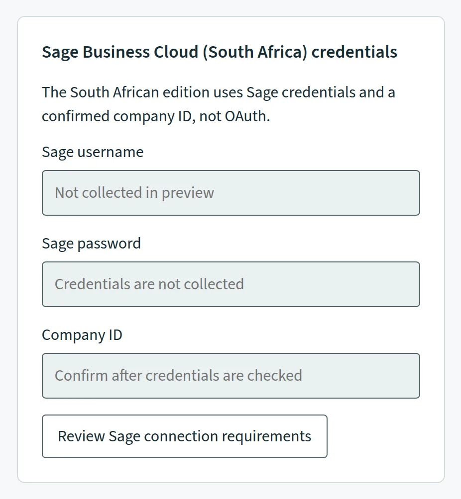 South African Sage credentials panel. Console screen showing Sample data.